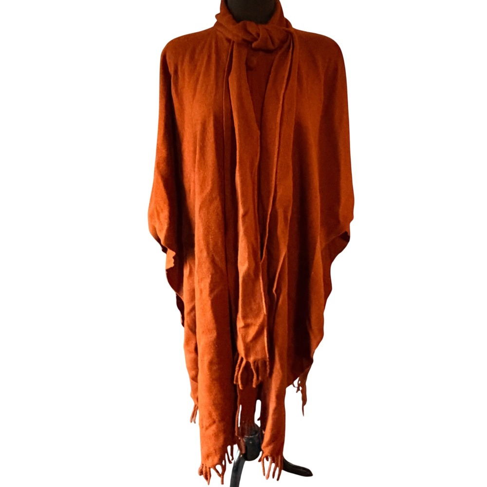 Burnt Orange Fringed‎ Knit Boho Poncho Cape Wrap One Size Rust